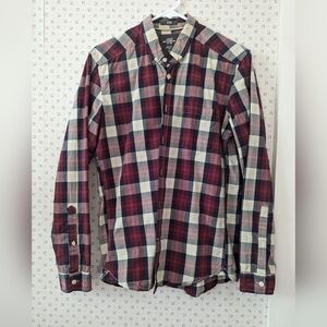 L.O.G.G. H&M plaid shirt mens S plaid Burgundy cream cowboy western Preppy